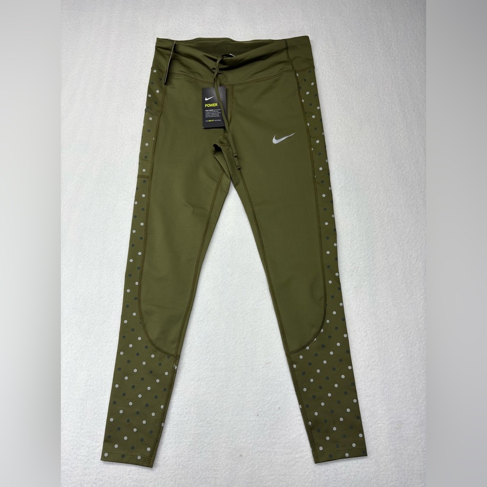 NWT Nike Women's Racer Flash Olive/Dots Graphic Reflective Tights (CJ5567-395) M